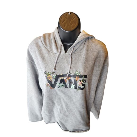 VANS Hoodie Womens Medium Floral Embroidered Raw Hem Cut Off Pullover Sweatshirt - Picture 12 of 16